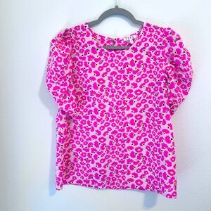 Pink floral blouse with ruched detailed sleeves